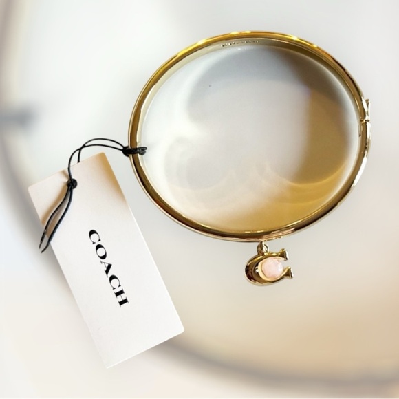 Coach Hinged Bangle Bracelet Gold tone with Rose Quartz C NWT - Picture 4 of 6